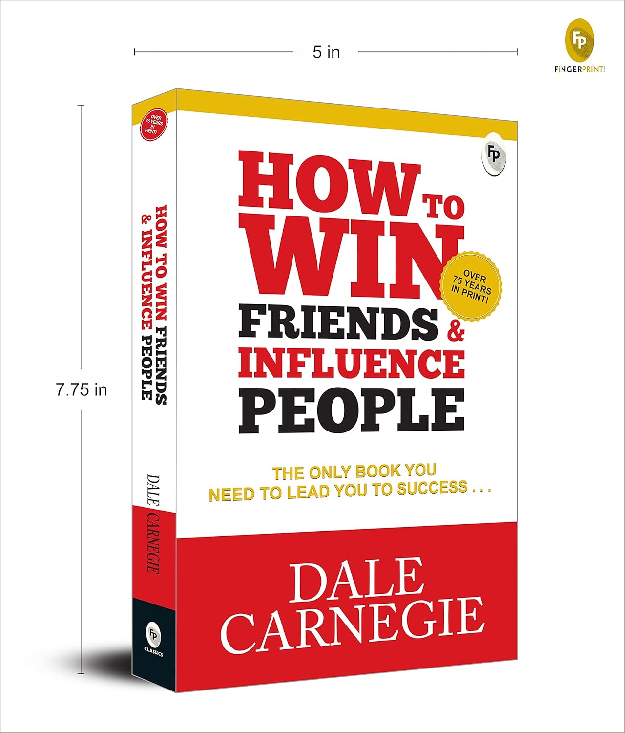 The image displays How to Win Friends and Influence People: Paperback, a classic self-help book with a colorful cover, measuring 5"W x 7.75"H.