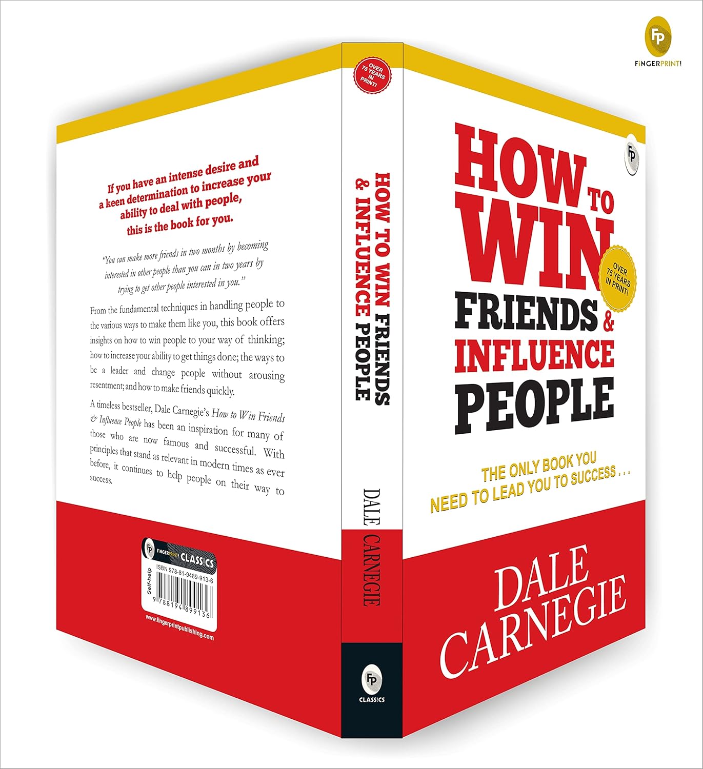 The image displays the front, spine, and back cover of How to Win Friends and Influence People: Paperback. The cover features a mostly white design with bold red and blue text, along with yellow accents.